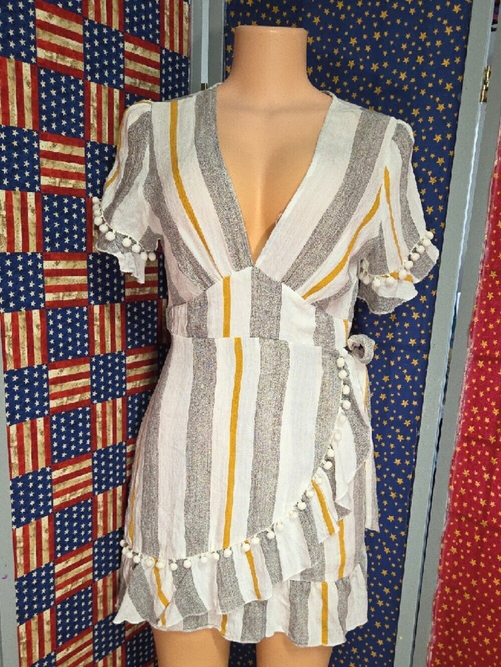 Simplee Apparel White, Gray & Mustard Striped Wrap Mini Dress - Picture 3 of 9
